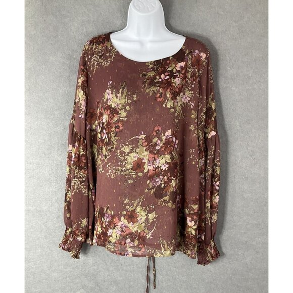 Willow‎ + Root Blouse Floral Long Sleeve Womens Sz L Sheer Metallic Peasant - Picture 1 of 11